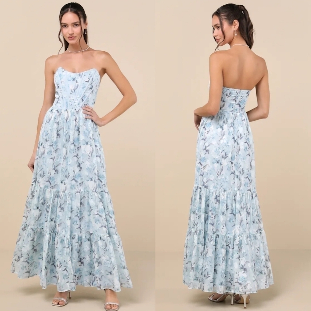 Lulus Special Moment Light Blue Floral Strapless Bustier Maxi Dress Wedding